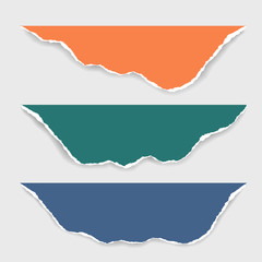 Three torn sheets of paper of different colors with shadow, isolated on a white background, suitable for infographics