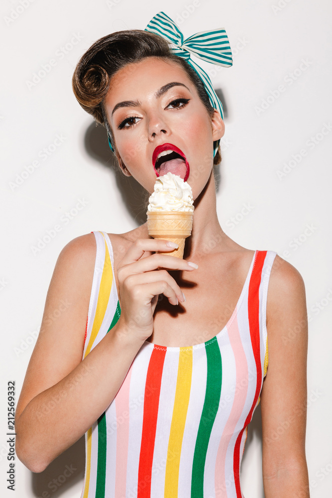 Poster beautiful pin up woman eating ice cream.