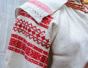 A fragment of the embroidery of a sleeve of an ancient authentic linen female sarochka. Polissya. Belarus.