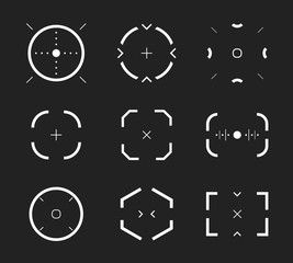 Sniper aim, bullseye, scope icons set, modern gamer collection. Shooting range, aim, target icon collection. Abstract design element, vector illustration on black background.