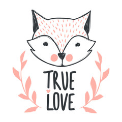 Hand drawn lettering phrase True love and cute fox