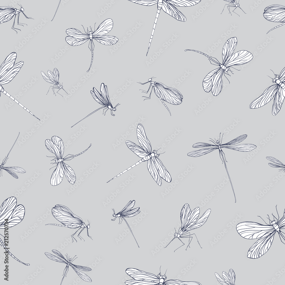 Poster Seamless pattern with dragonflies hand drawn with contour lines on grey background. Backdrop with beautiful flying insects. Vector illustration in elegant style for textile print, wrapping paper.