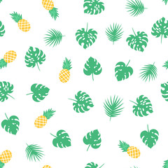 Vector seamless pattern with green tropical leaves and pineapples.
