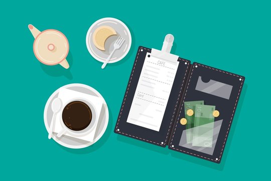 Cup Of Coffee, Piece Of Cake On Plate, Creamer And Opened Bill Holder With Restaurant Check, Money Banknotes And Coins, Top View. Client's Payment Or Tips For Cafe Service. Flat Vector Illustration.