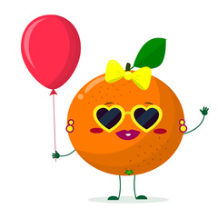 Cute Orange cartoon character sunglasses hearts, bow and earrings. Holds a red air balloon. Vector illustration, a flat style.