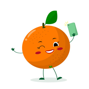 Cute Orange cartoon character with a smartphone and does selfie. Vector illustration, a flat style.