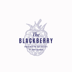 The Blackberry Abstract Vector Sign, Symbol or Logo Template. Black Berry Sketch Sillhouette with Elegant Retro Typography. Vintage Luxury Emblem.