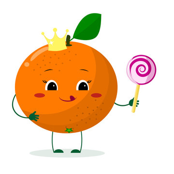Cute Orange cartoon character with crown holds a lollipop.Vector illustration, a flat style.