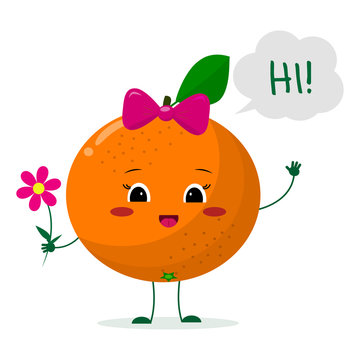 Cute Orangecartoon character with a pink bow holding a flower and welcomes.Vector illustration, a flat style.