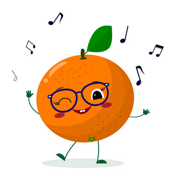 Cute Orange cartoon character in glasses dances to music. Vector illustration, a flat style.