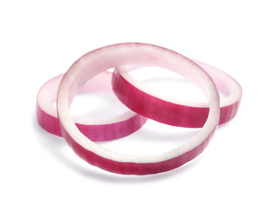 Fresh slices of red onion on white background
