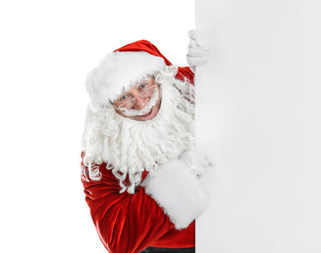 Authentic Santa Claus with blank poster on white background