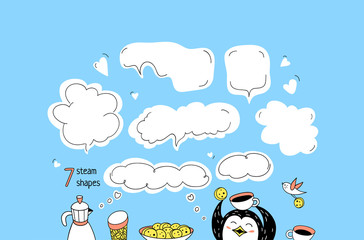 Start happy day with coffee and cookie. Add your text to steam shape template.