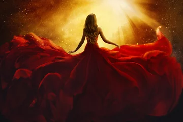 Foto auf Acrylglas Frauen Model Rückseite im roten fliegenden Kleid, Rückansicht der Frau, Kleid Stoff fliegen auf Wind, schönes Mädchen auf der Suche nach Licht