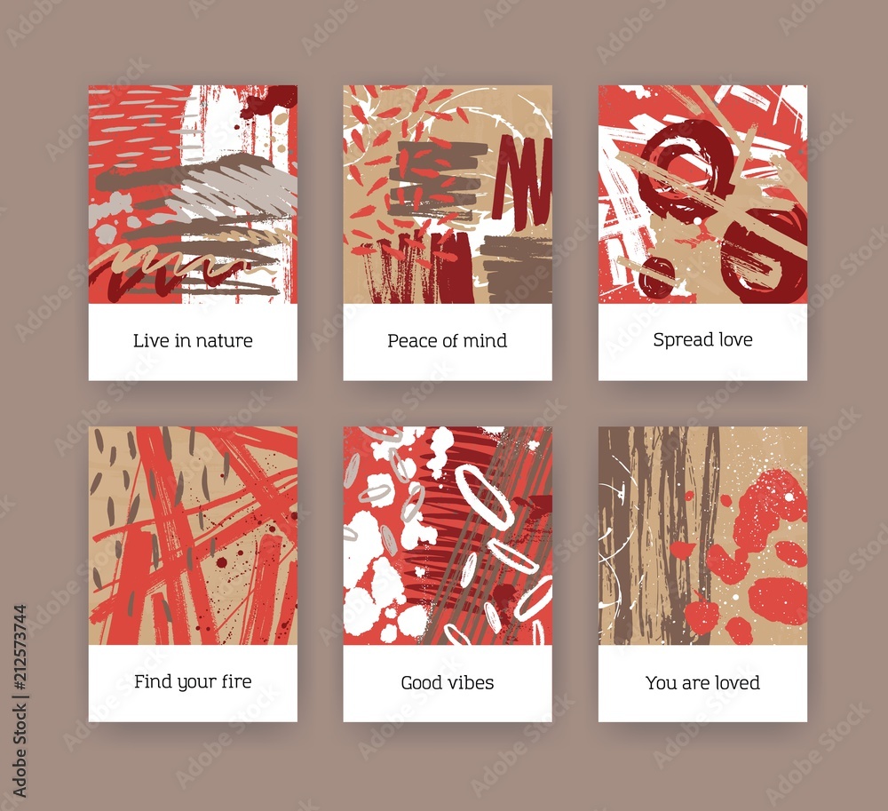Poster set of poster or flyer templates with colorful brush strokes, paint traces and motivational slogans.