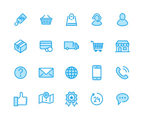 Online shopping flat line icons. E-commerce business, contacts, support, social networks, shop basket, sale, delivery illustrations. Thin signs for web store. Pixel perfect 48x48. Editable Strokes.