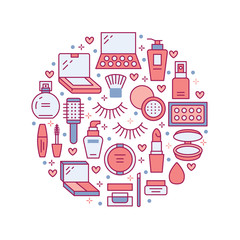 Makeup beauty care red circle poster concept with flat line icons. Cosmetics illustrations of lipstick, mascara, powder, eyeshadows foundation, nail polish. Cute brochure thin signs for make up store.