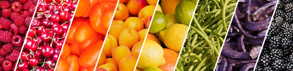 Gordijnen Fresh fruits and vegetables rainbow panoramic collage, healthy eating concept © Delphotostock