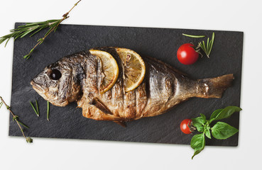 Whole grilled dorado on slate, isolated