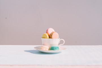 Delicious french dessert. Colorful pastel cake macaron or macaroon