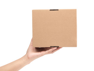 hand holding brown paper box package isolated on white background