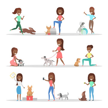 Set of women with the dogs