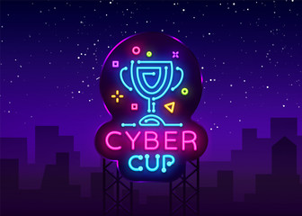 Cybersport Vector Cup emblem. Cyber Cup neon sign, design template for Cyber Championship, Gaming Industry, Light banner, Bright Neon advertisement. Vector illustration. Billboard
