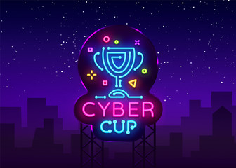 Fototapeta premium Cybersport Vector Cup emblem. Cyber Cup neon sign, design template for Cyber Championship, Gaming Industry, Light banner, Bright Neon advertisement. Vector illustration. Billboard