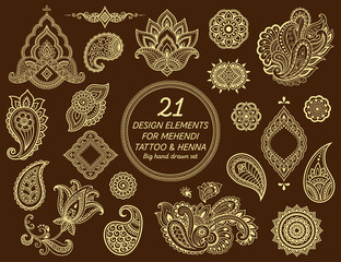 Big set of Mehndi flower pattern for Henna drawing and tattoo. Decoration in ethnic oriental, Indian style.