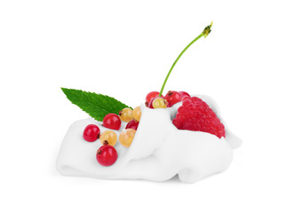 Berries with whipped cream on a white background
