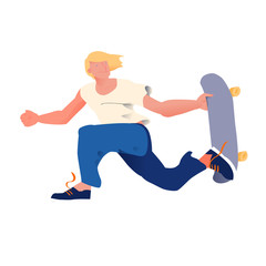 Young guy with golden hair on skateboard. The skateboarder does a trick in a jump. Flyer or poster for goods for sportsmen skateboarders. Cool dude man. Flat vector illustration.