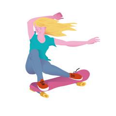 Young beautyful girl with golden hair on pink skateboard. The skateboarder in a sitting position does a trick. Flyer or poster for goods for sportsmen skateboarders. Flat vector illustration.