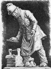 Vintage engraving about arts and crafts, character portrait of boot shoeshine man in Munich, Germany