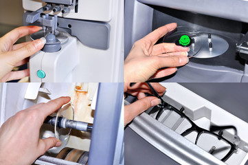 Collage image of the glasses manufacturing process.Health care, medicine and vision concept.Professional ophthalmology instrument in clinic office and optics.Optician measuring and preparing glasse
