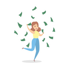Beatiful happy woman jumping surrounded by money