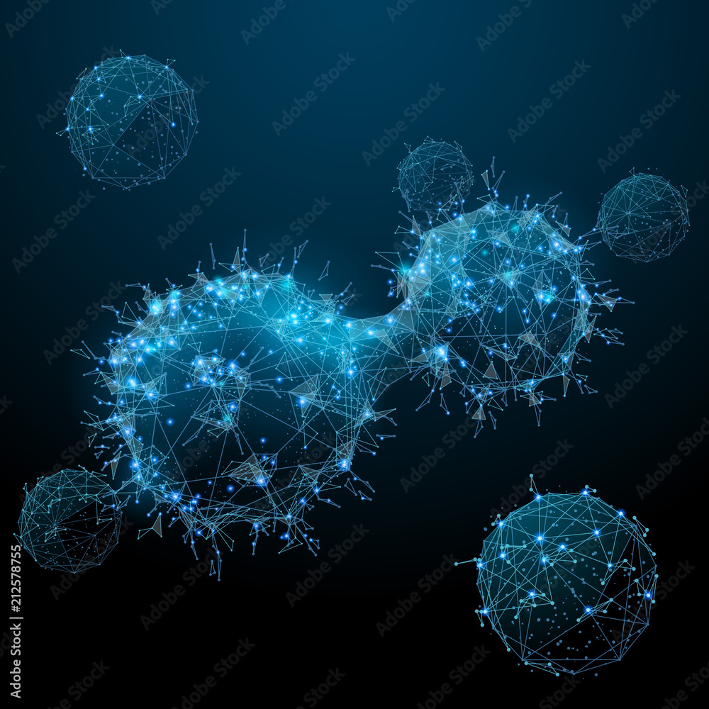 Poster Cancer cells. Oncology low poly wireframe. Vector polygonal image in the form of a starry sky or space, consisting of points, lines, and shapes in the form of stars with destruct shapes.