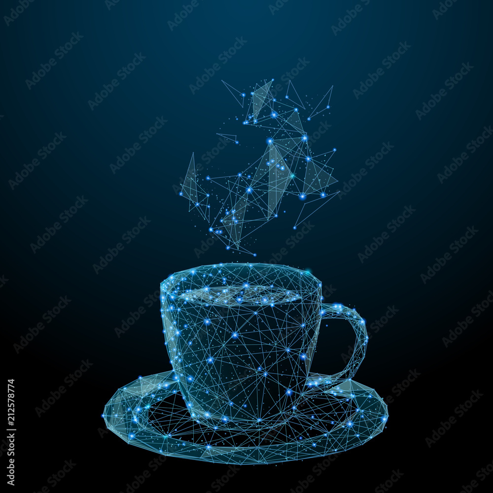 Poster Coffee cup. Tea cup. Vector polygonal image in the form of a starry sky or space, consisting of points, lines, and shapes in the form of stars with destruct shapes.