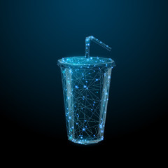 A cup of cola. Low poly blue. Polygonal abstract fast food illustration. In the form of a starry sky or space. Vector image in RGB Color mode.