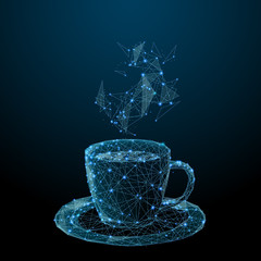 Coffee cup. Tea cup. Vector polygonal image in the form of a starry sky or space, consisting of points, lines, and shapes in the form of stars with destruct shapes.