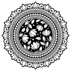 Circular pattern in form of mandala for Henna, Mehndi, tattoo, decoration. Decorative ornament in ethnic oriental style. Coloring book page.