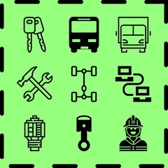 Simple 9 icon set of service related piston, bus vehicle, car parts and chassis vector icons. Collection Illustration