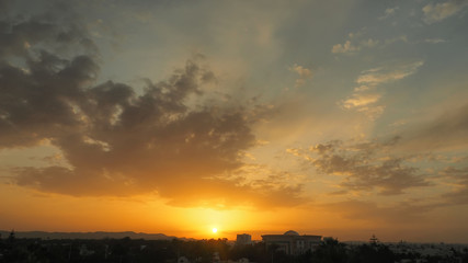 Fototapeta na wymiar Silhouette of a Mediterranean town at sunset