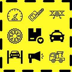 Simple 9 icon set of business related repairing car, aeroplane, box and crane vector icons. Collection Illustration
