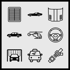 Simple 9 icon set of car related car muscle design, car washing machine, air filter and pick up vector icons. Collection Illustration
