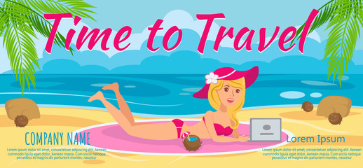 Woman on Beach with Laptop. Vector Illustration.