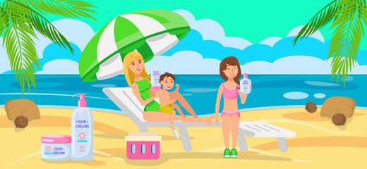 Obraz na płótnie Canvas Sunscreen for whole Family. Vector Illustration.