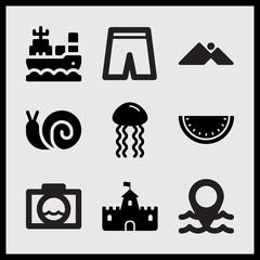 Simple 9 set of Summer related sea jellyfish, boat, watermellon slice and short pants vector icons