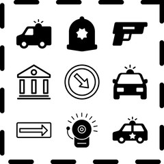 Simple 9 icon set of law related police car, courthouse, police car and detour vector icons. Collection Illustration