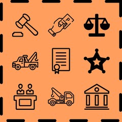 Simple 9 icon set of legal related auction, sheriff, courthouse and tow truck vector icons. Collection Illustration