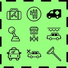 Simple 9 icon set of service related gearbox, car wash, gearshift and plunger vector icons. Collection Illustration